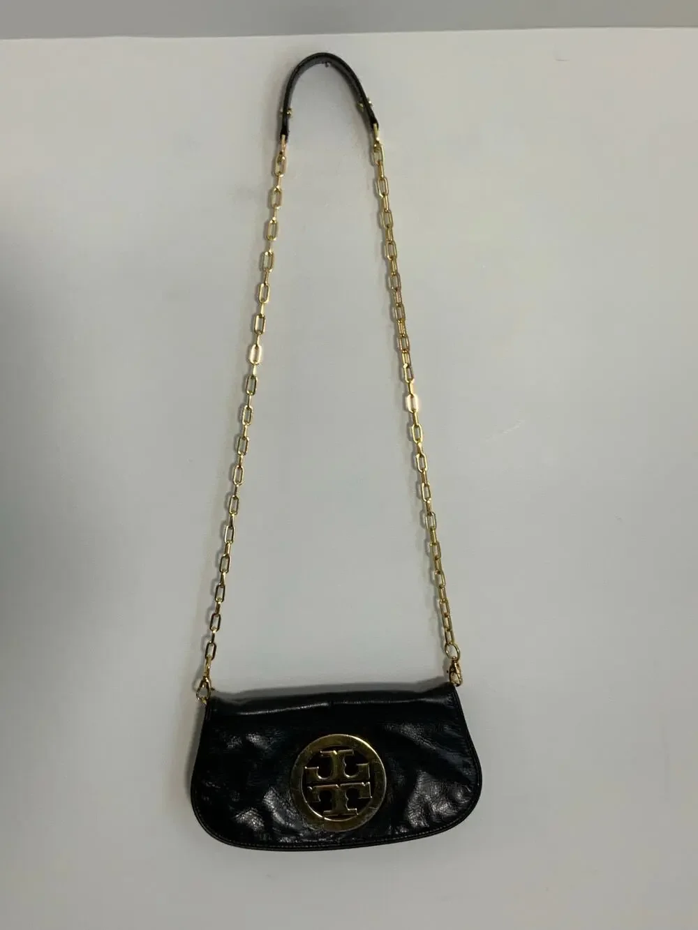 Tory Burch Reva Black Leather Detachable Gold Chain‎ Crossbody Clutch